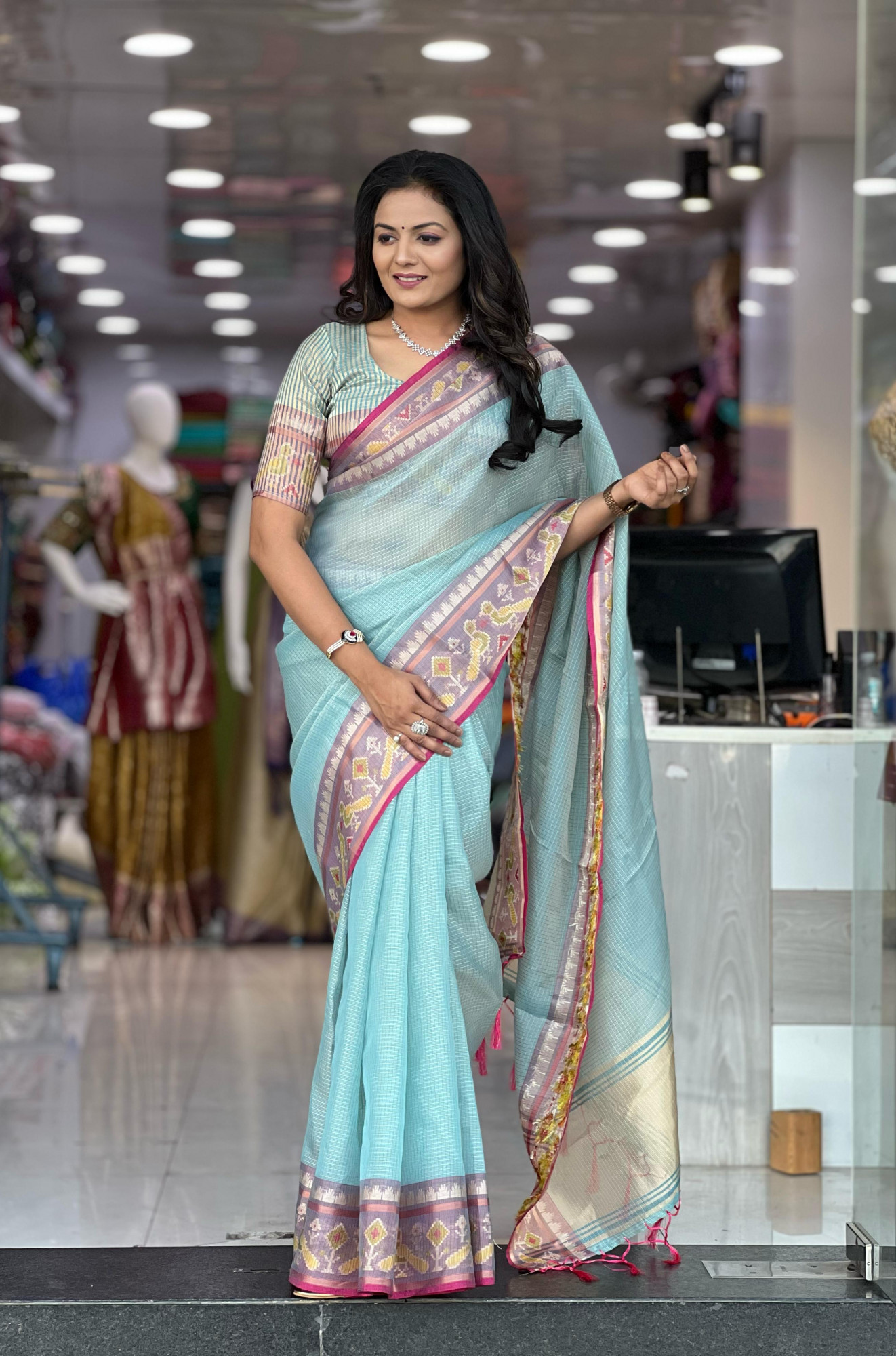 Sky Blue Pure Cotton Kota Doriya Patola Weaved Border Saree