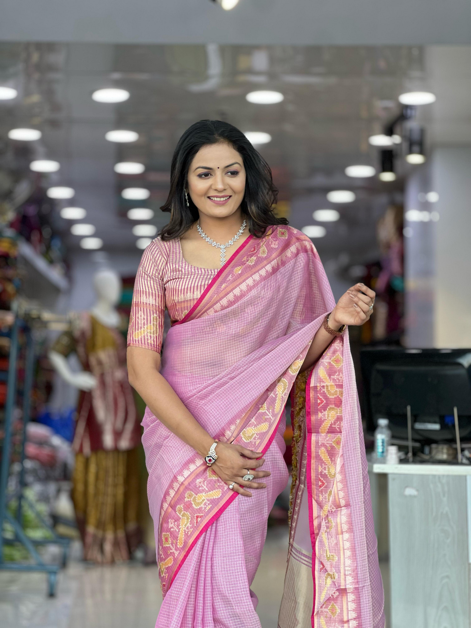 Purple Pure Cotton Kota Doriya Patola Weaved Border Saree