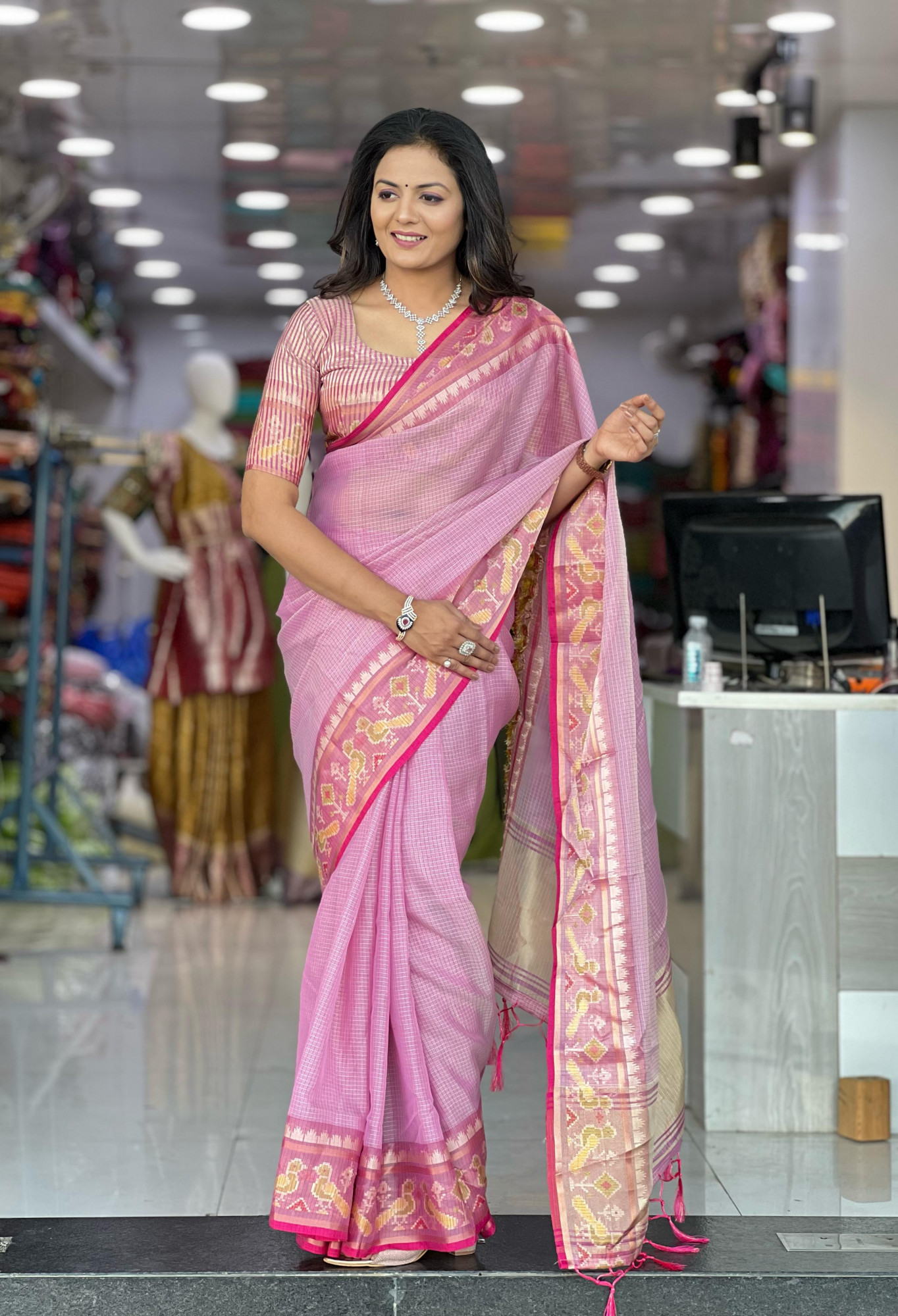 Purple Pure Cotton Kota Doriya Patola Weaved Border Saree