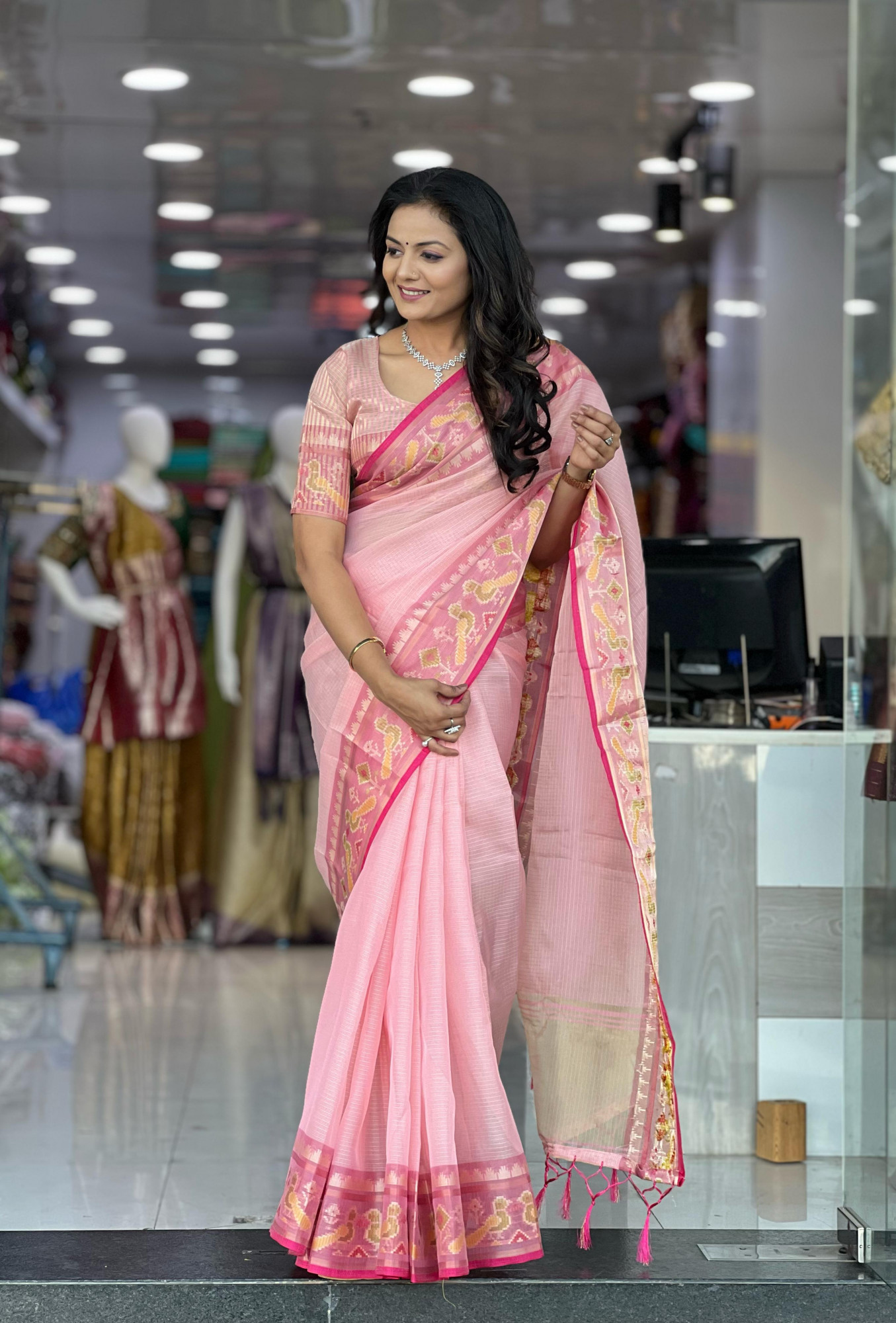 Pink Pure Cotton Kota Doriya Patola Weaved Border Saree