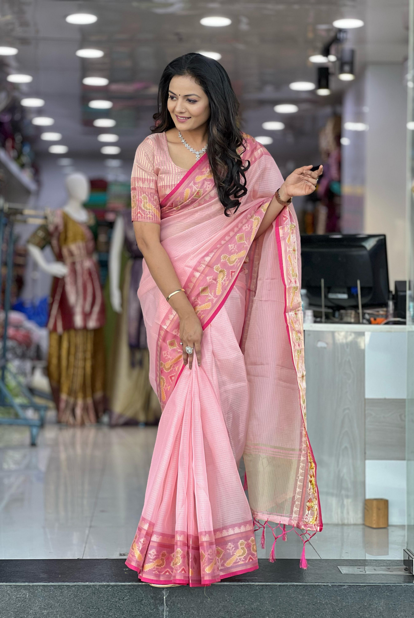 Pink Pure Cotton Kota Doriya Patola Weaved Border Saree