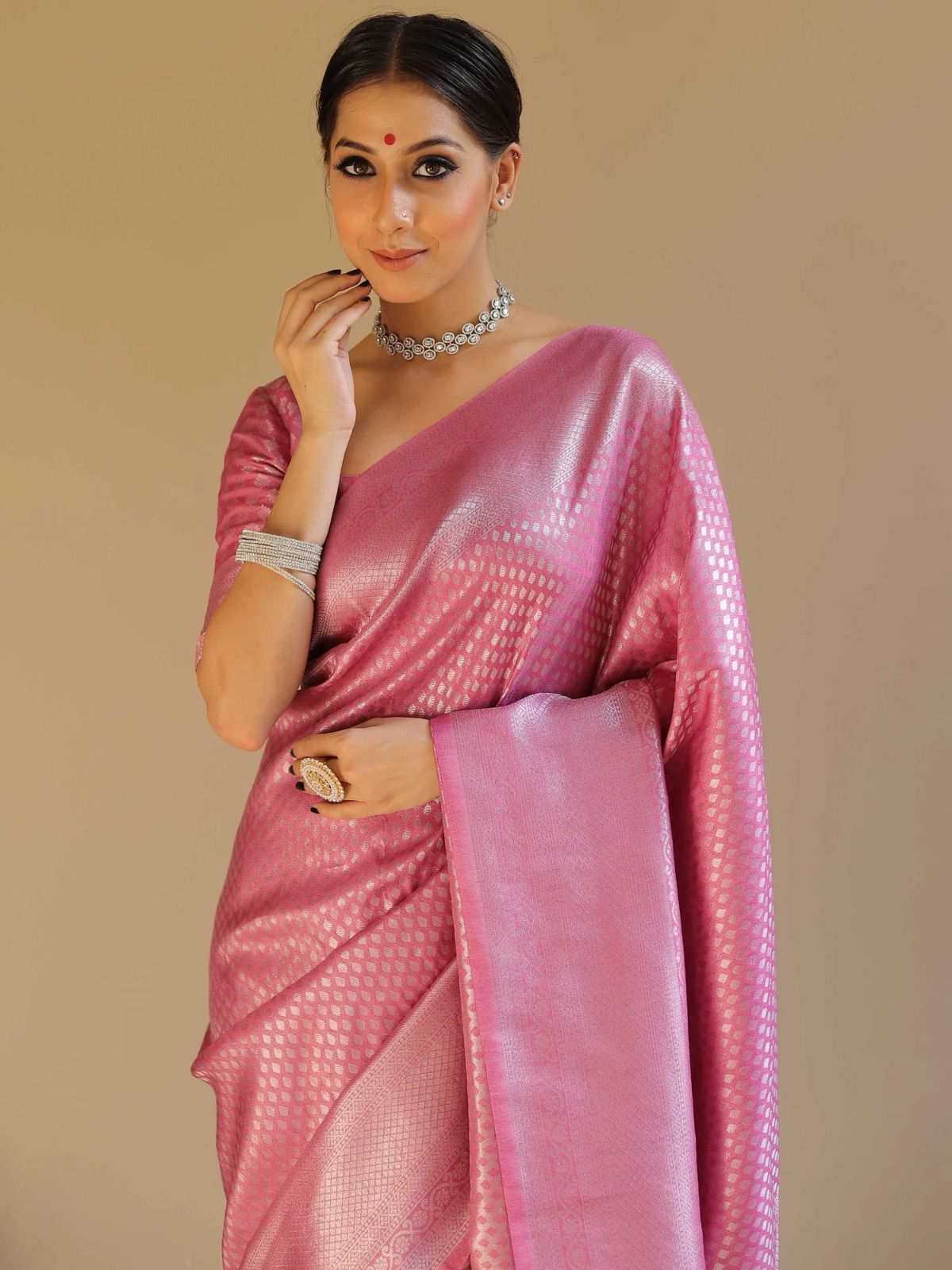 Pink Banarasi Silk Rich Zari Weaved Body Pallu Saree