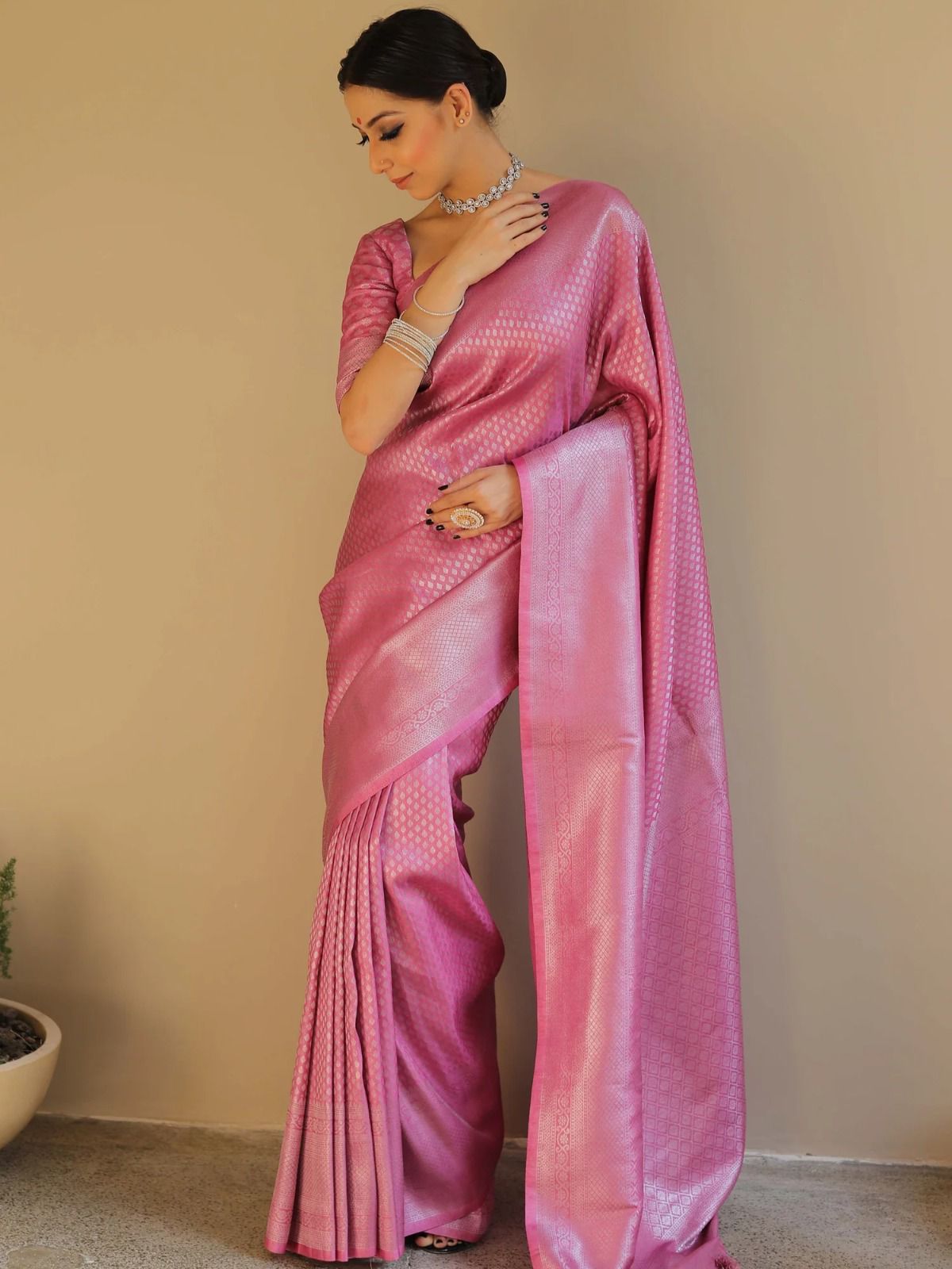 Pink Banarasi Silk Rich Zari Weaved Body Pallu Saree