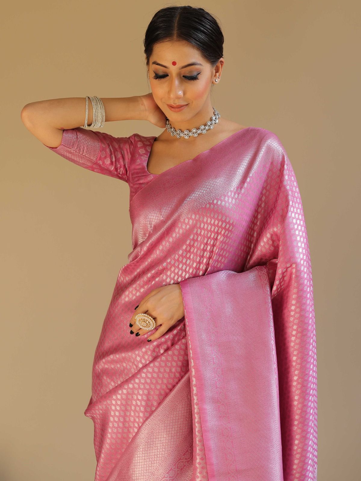 Pink Banarasi Silk Rich Zari Weaved Body Pallu Saree
