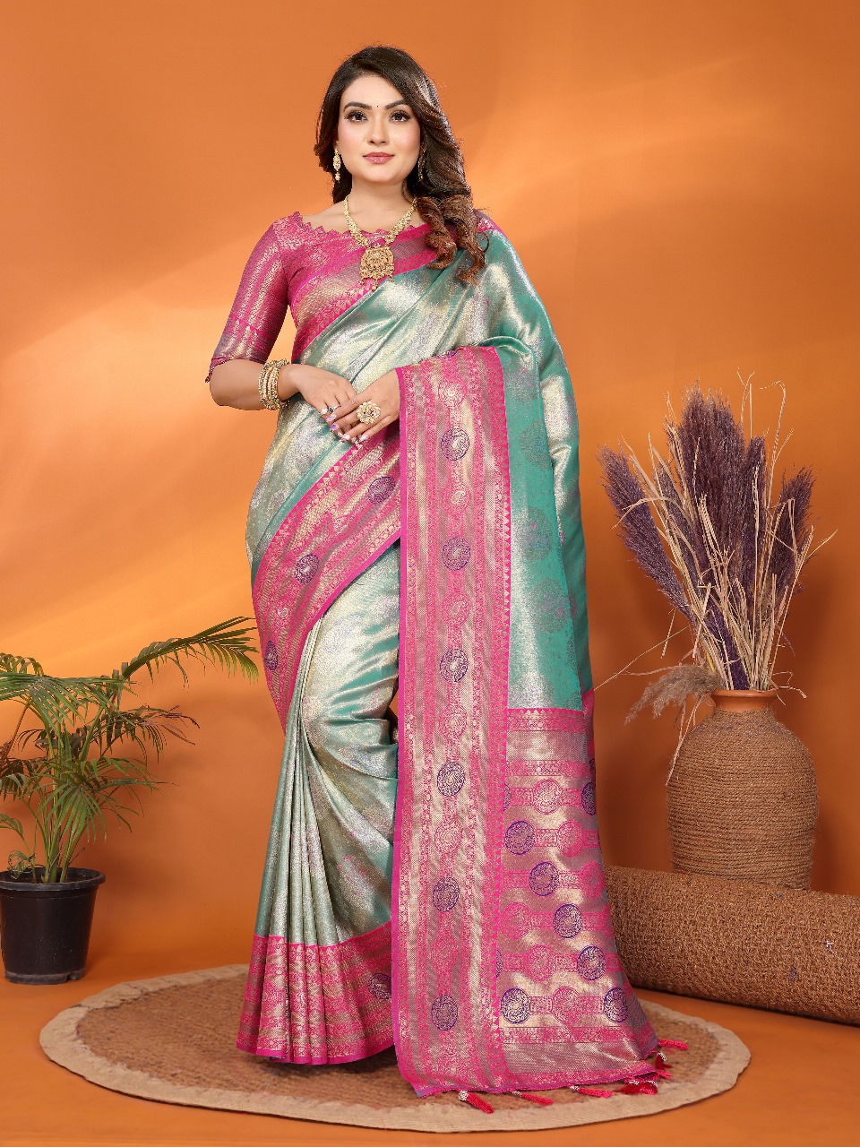 C-Green Pure Banarasi Tissue Silk Rich Zari Weaved Paithani Border Saree
