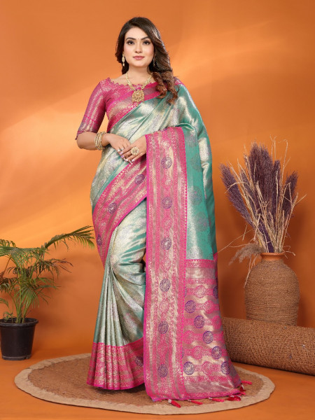 Image of C-Green Pure Banarasi Tissue Silk Rich Zari Weaved Paithani Border Saree
