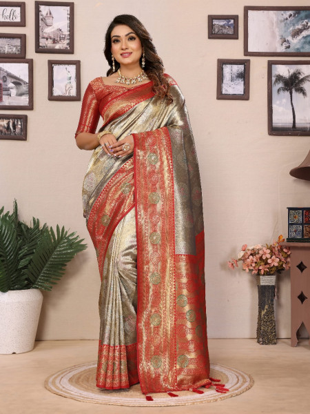 Image of Gray Pure Banarasi Tissue Silk Rich Zari Weaved Paithani Border Saree
