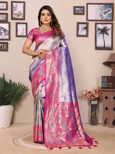Image of Lavender Pure Banarasi Tissue Silk Rich Zari Weaved Paithani Border Saree