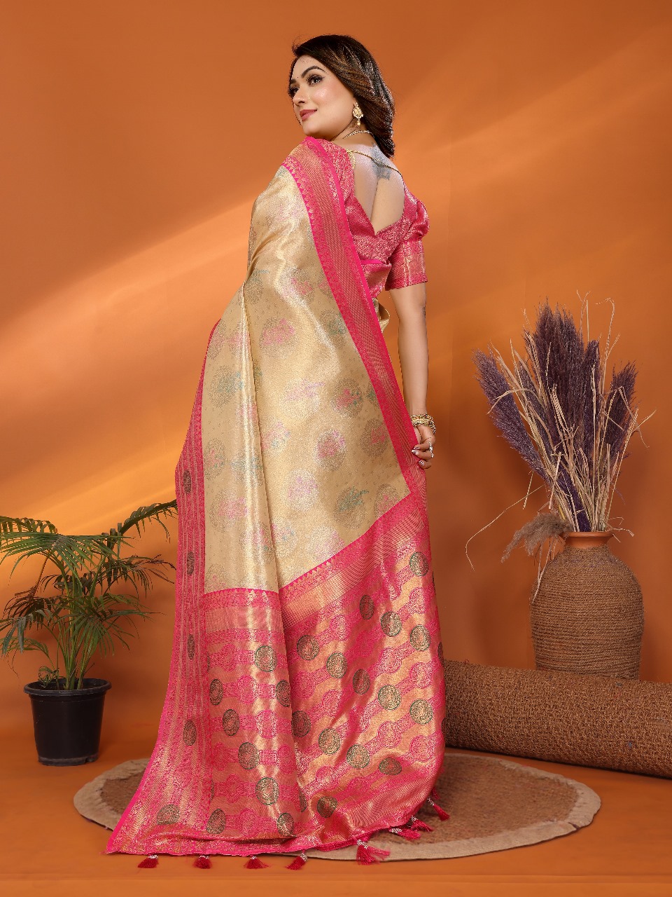 Cream Pure Banarasi Tissue Silk Rich Zari Weaved Paithani Border Saree