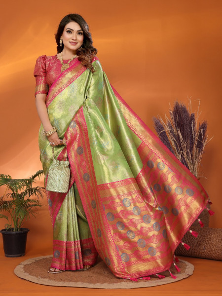 Image of Mehendi Green Pure Banarasi Tissue Silk Rich Zari Weaved Paithani Border Saree