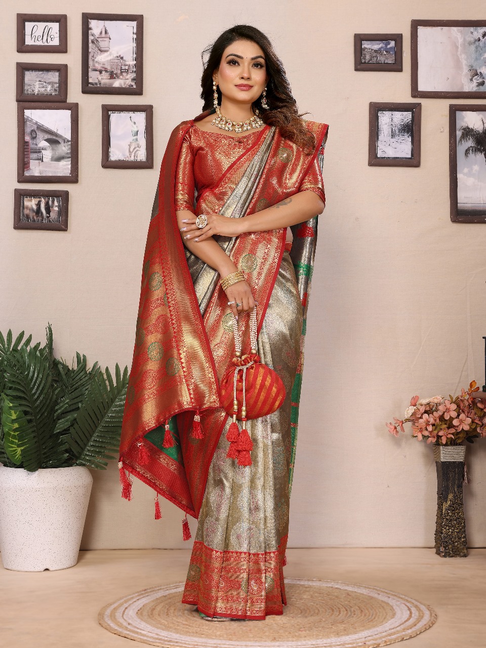 Gray Pure Banarasi Tissue Silk Rich Zari Weaved Paithani Border Saree