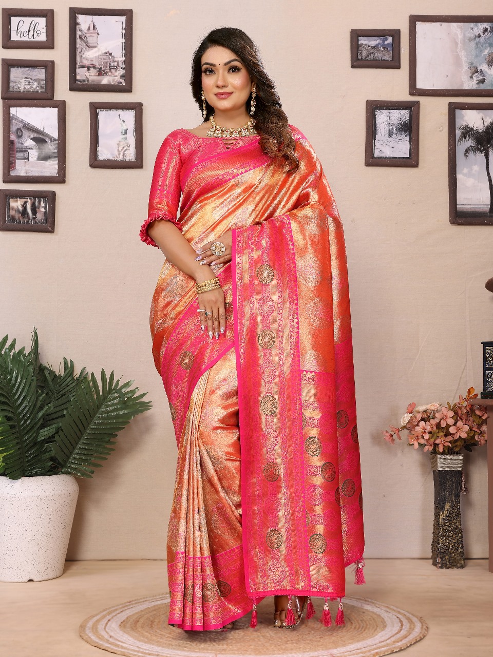Orange Pure Banarasi Tissue Silk Rich Zari Weaved Paithani Border Saree