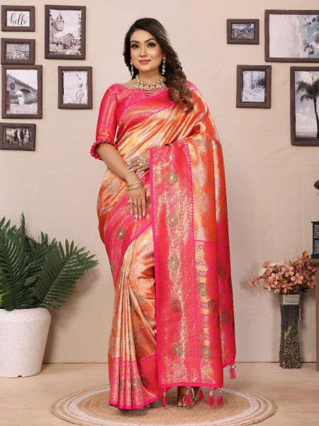 Image of Orange Pure Banarasi Tissue Silk Rich Zari Weaved Paithani Border Saree