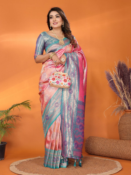 Image of Gajri Pure Banarasi Tissue Silk Rich Zari Weaved Paithani Border Saree