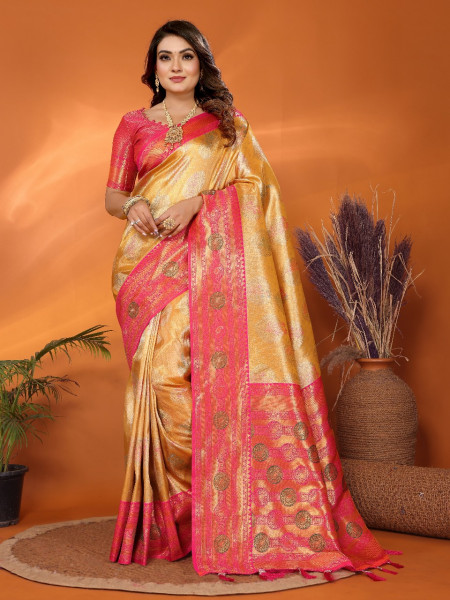 Image of Gold Pure Banarasi Tissue Silk Rich Zari Weaved Paithani Border Saree