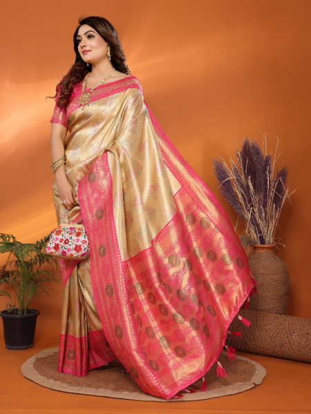 Image of Cream Pure Banarasi Tissue Silk Rich Zari Weaved Paithani Border Saree