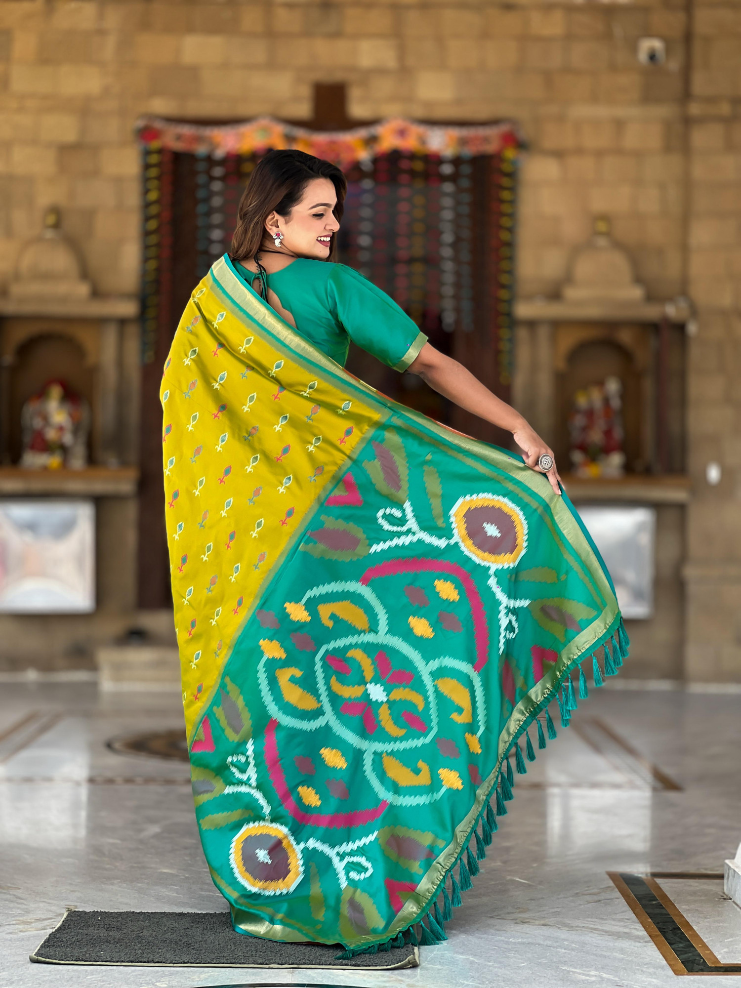 Mustard Soft Silk Ikkat And Patola Concept Weaved Contrast Pallu Saree