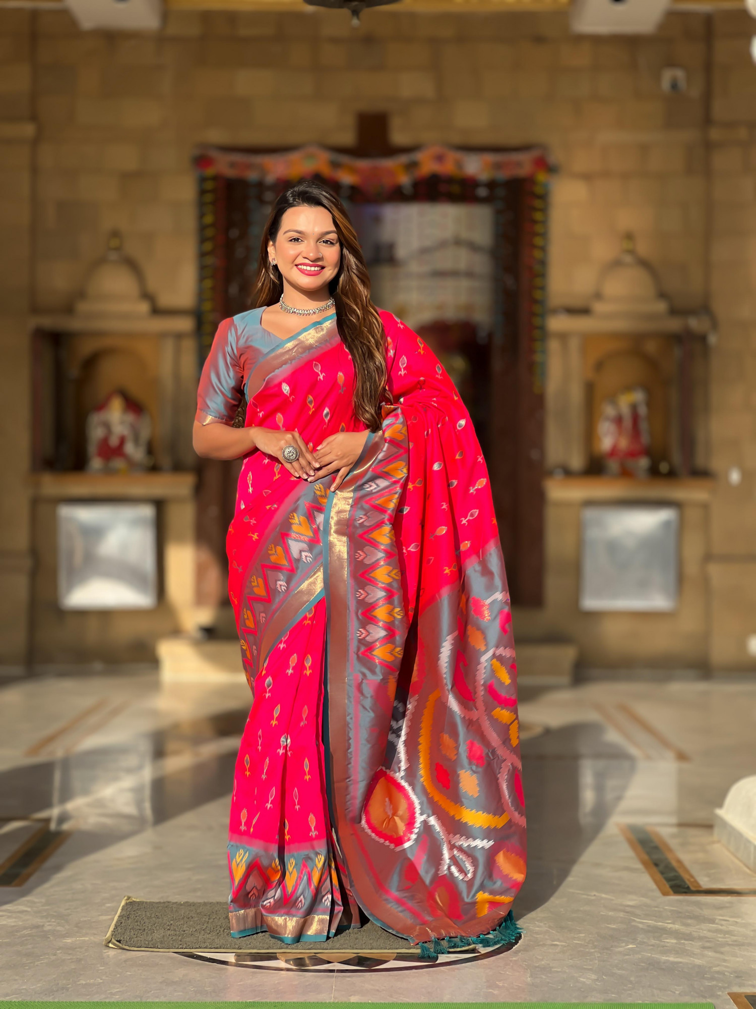 Red Soft Silk Ikkat And Patola Concept Weaved Contrast Pallu Saree