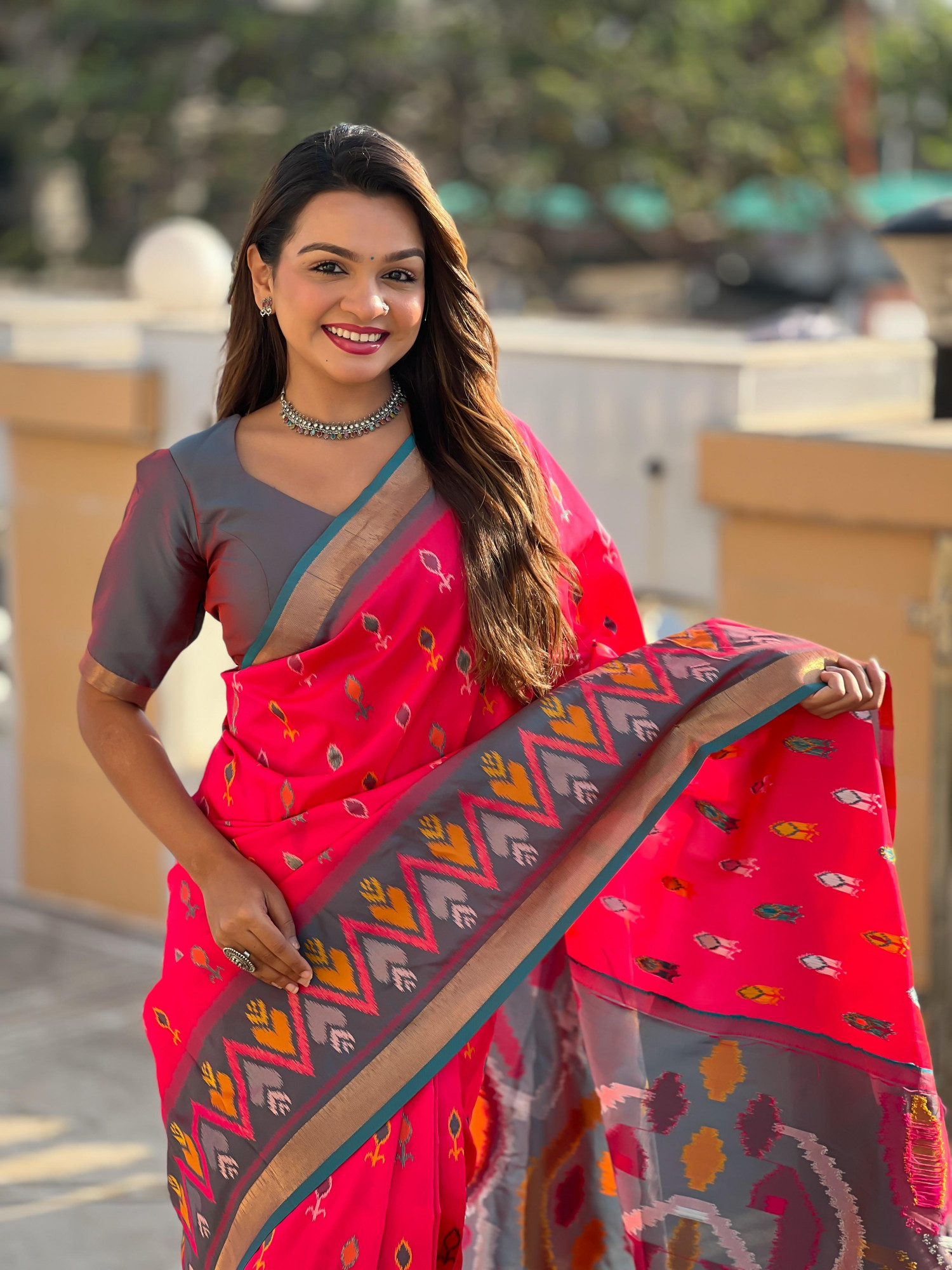 Red Soft Silk Ikkat And Patola Concept Weaved Contrast Pallu Saree