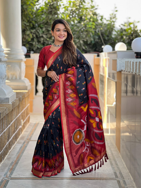 Image of Black Soft Silk Ikkat And Patola Concept Weaved Contrast Pallu Saree