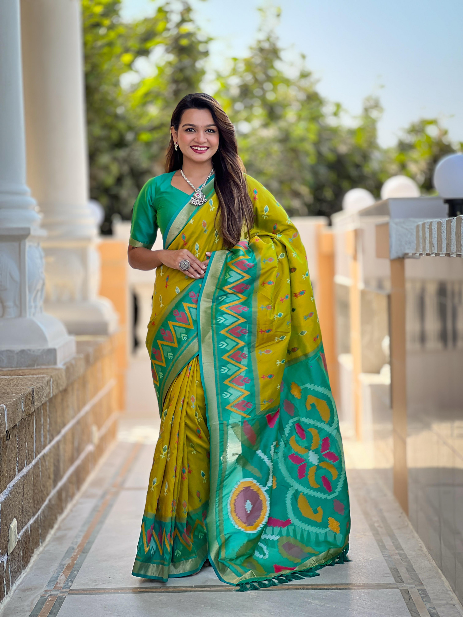 Mustard Soft Silk Ikkat And Patola Concept Weaved Contrast Pallu Saree