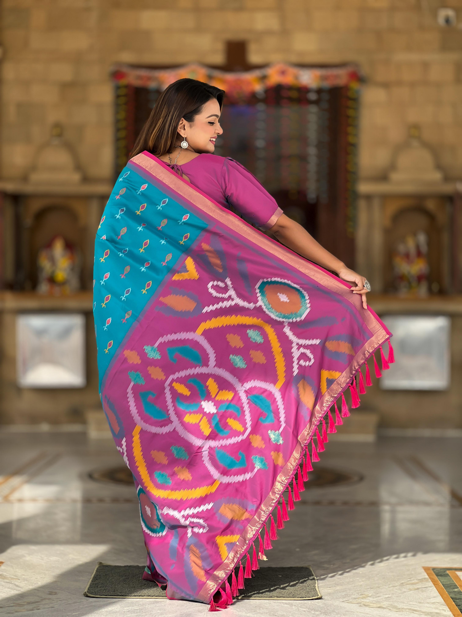 Teal Soft Silk Ikkat And Patola Concept Weaved Contrast Pallu Saree