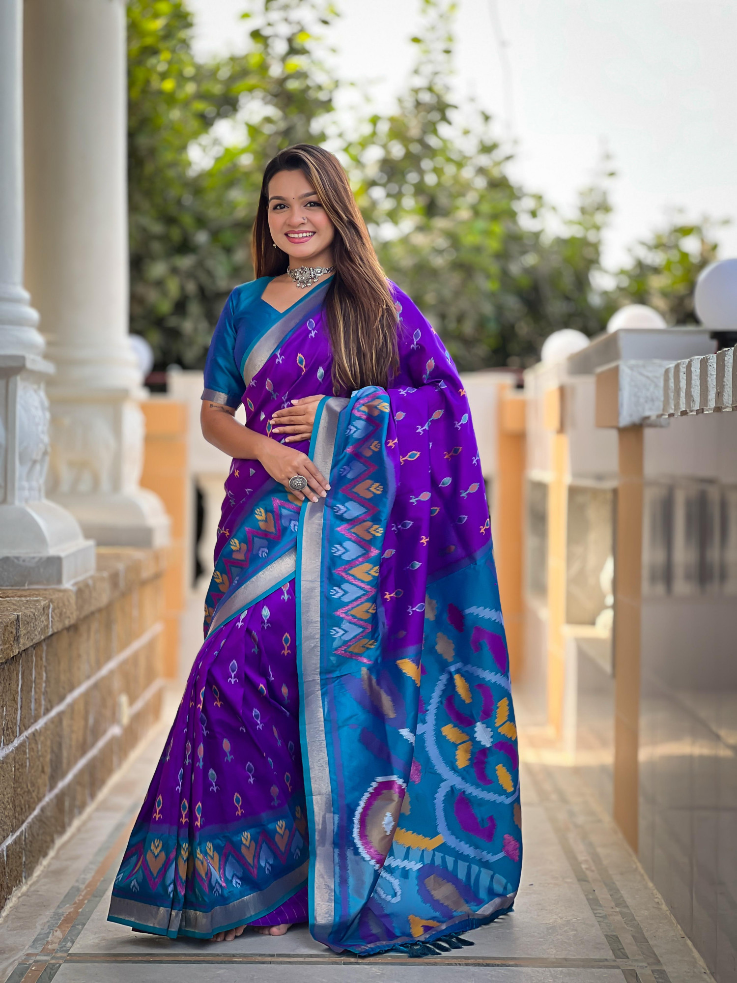 Indigo Soft Silk Ikkat And Patola Concept Weaved Contrast Pallu Saree