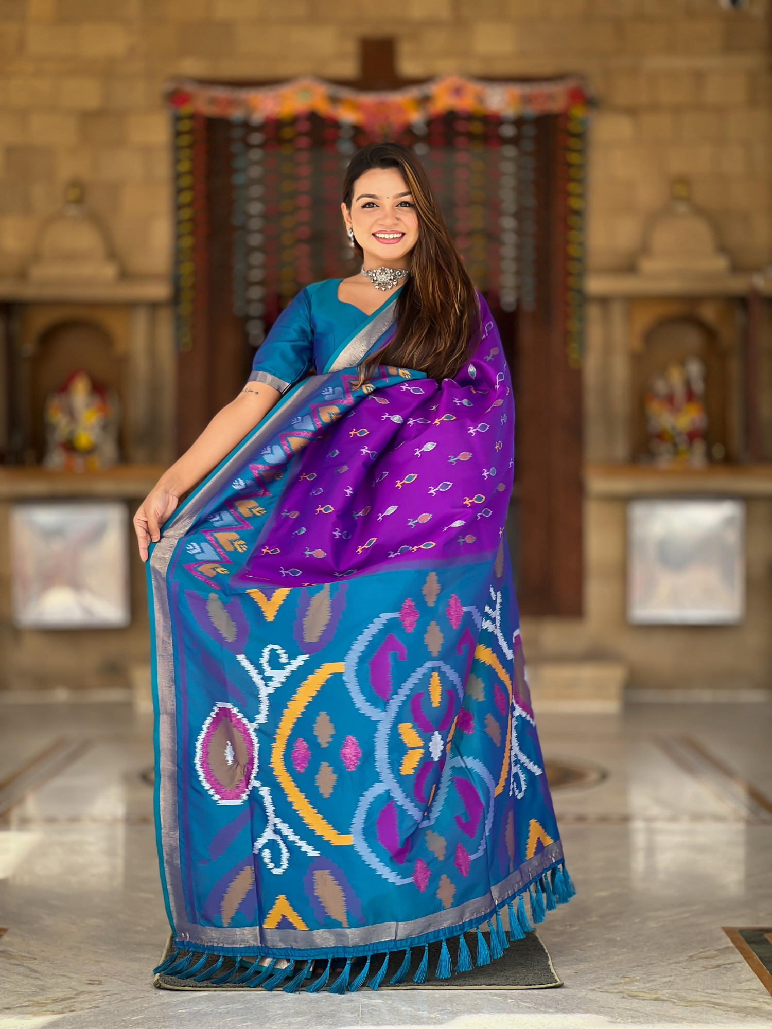Indigo Soft Silk Ikkat And Patola Concept Weaved Contrast Pallu Saree