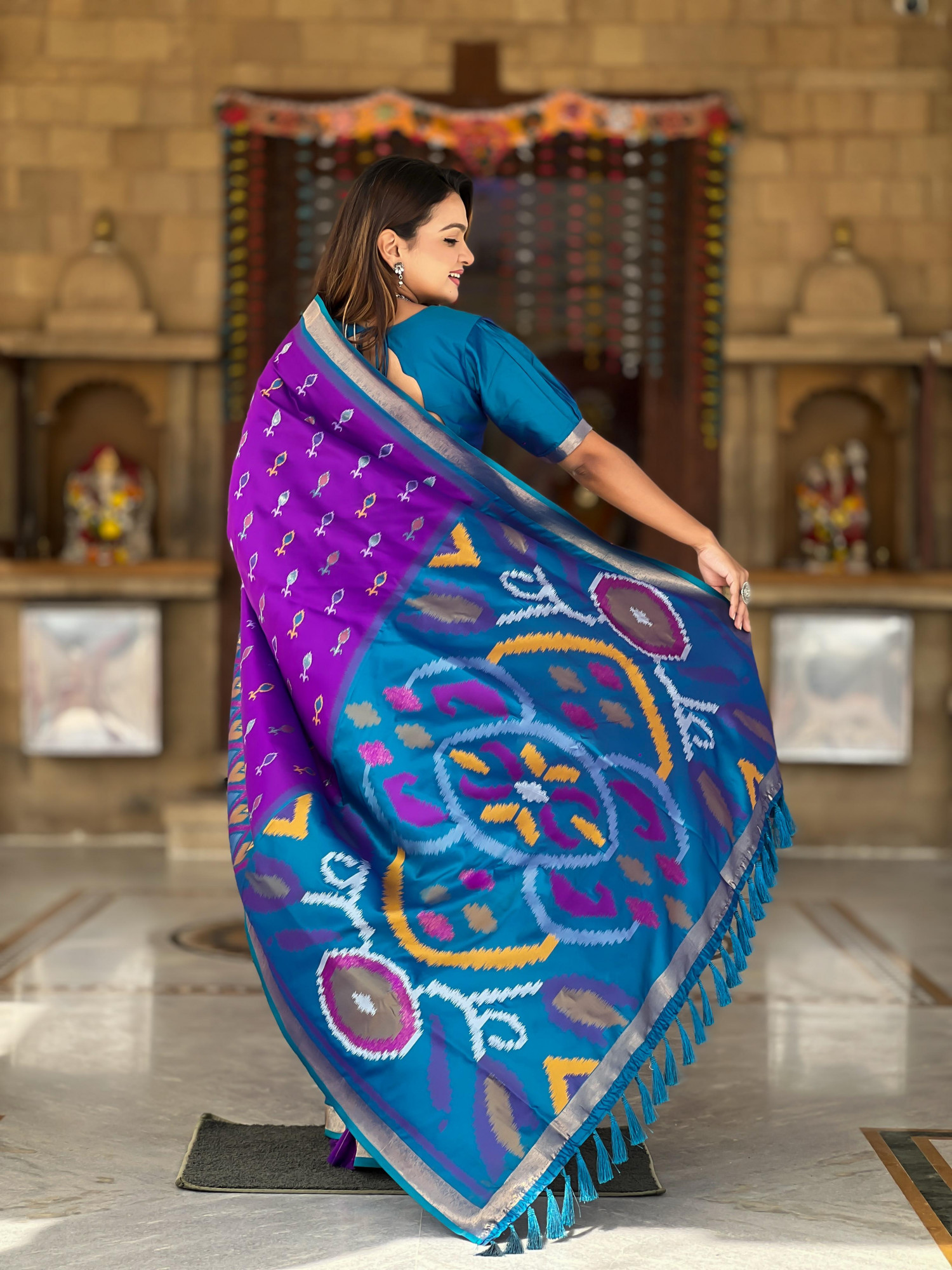 Indigo Soft Silk Ikkat And Patola Concept Weaved Contrast Pallu Saree