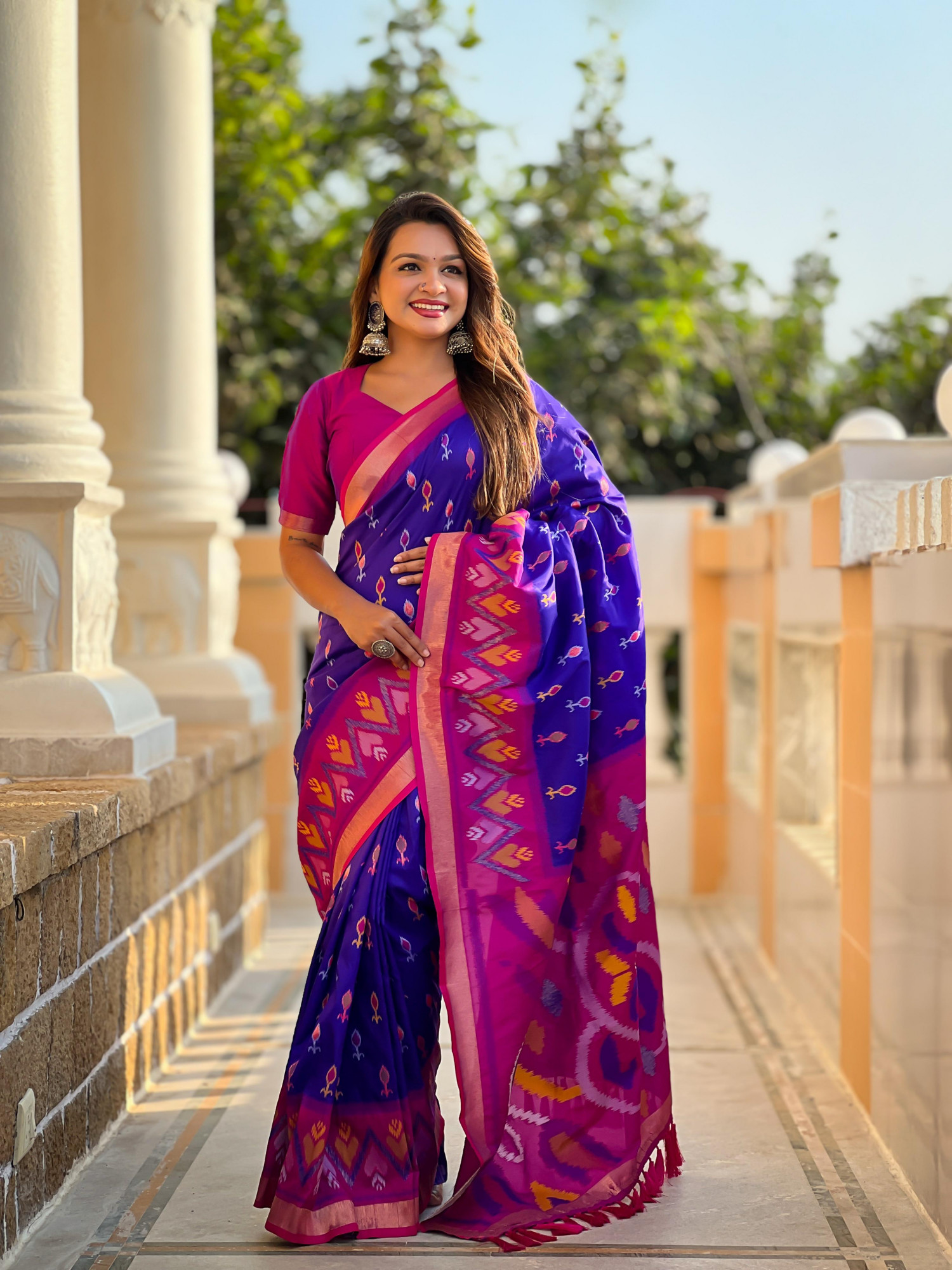 Royal Blue Soft Silk Ikkat And Patola Concept Weaved Contrast Pallu Saree