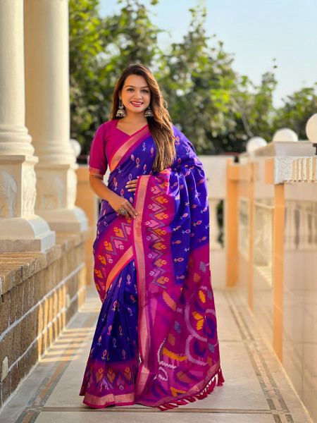Image of Royal Blue Soft Silk Ikkat And Patola Concept Weaved Contrast Pallu Saree