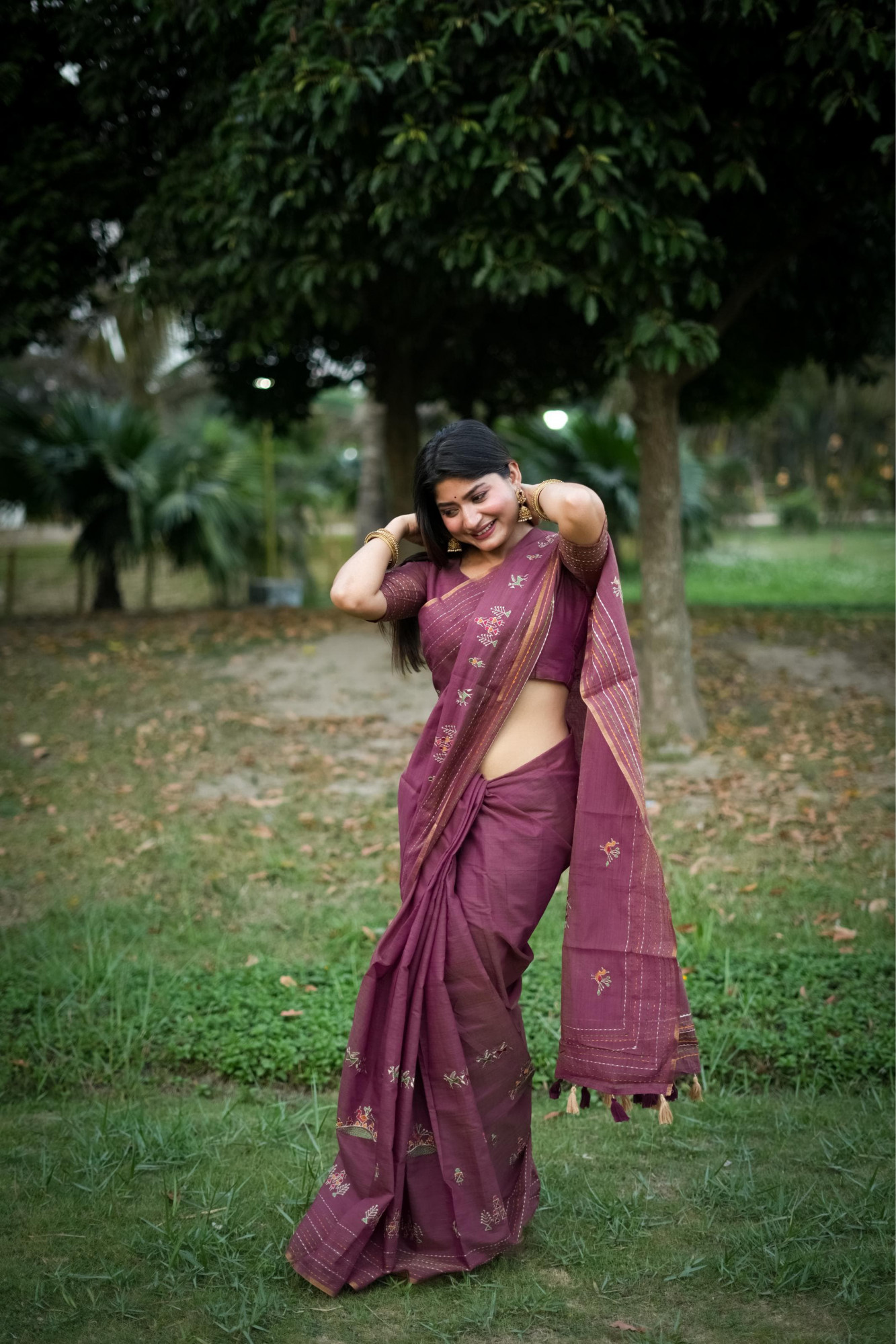 Purple Pure Khadi Tussar Silk Thread Work All Over With Kantha Stitched Border Saree