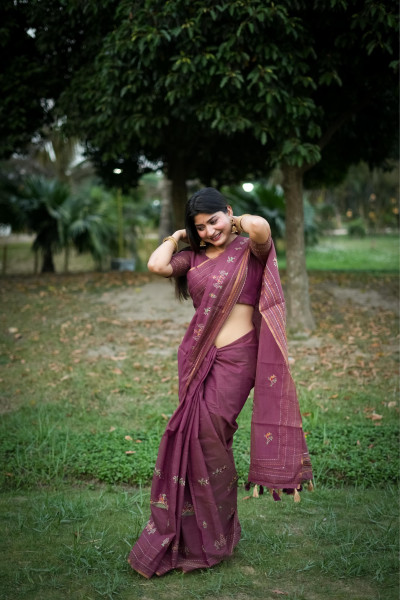Image of Purple Pure Khadi Tussar Silk Thread Work All Over With Kantha Stitched Border Saree