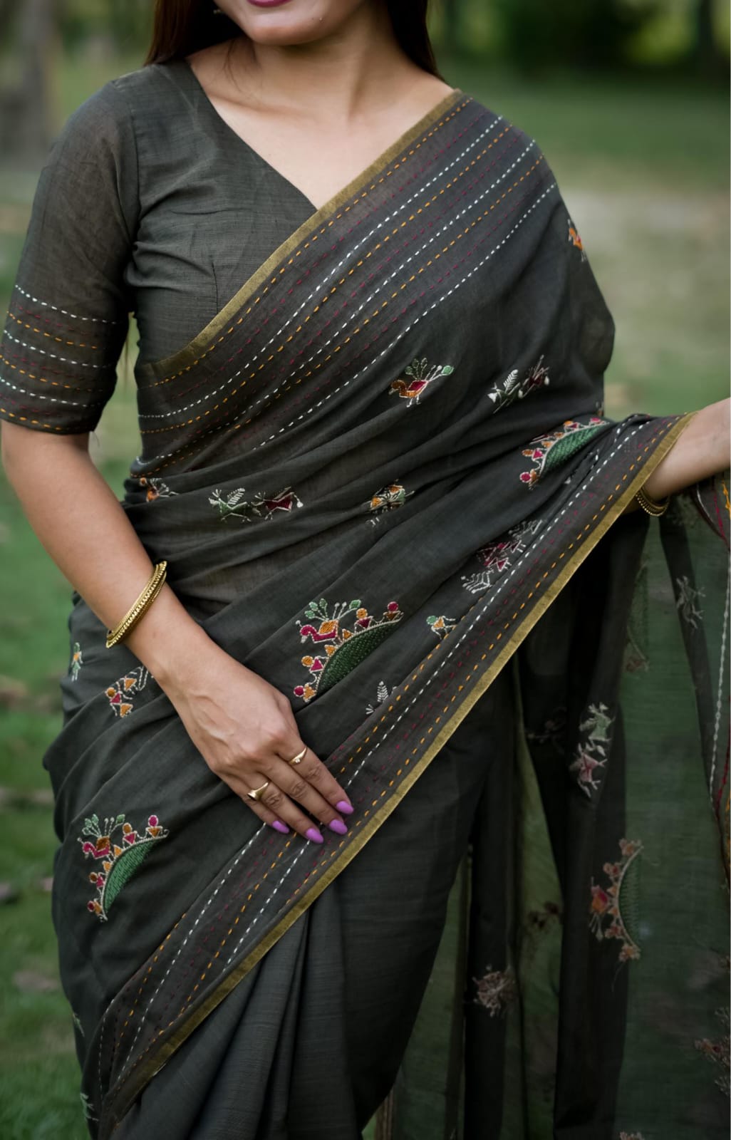 Dark Gray Pure Khadi Tussar Silk Thread Work All Over With Kantha Stitched Border Saree