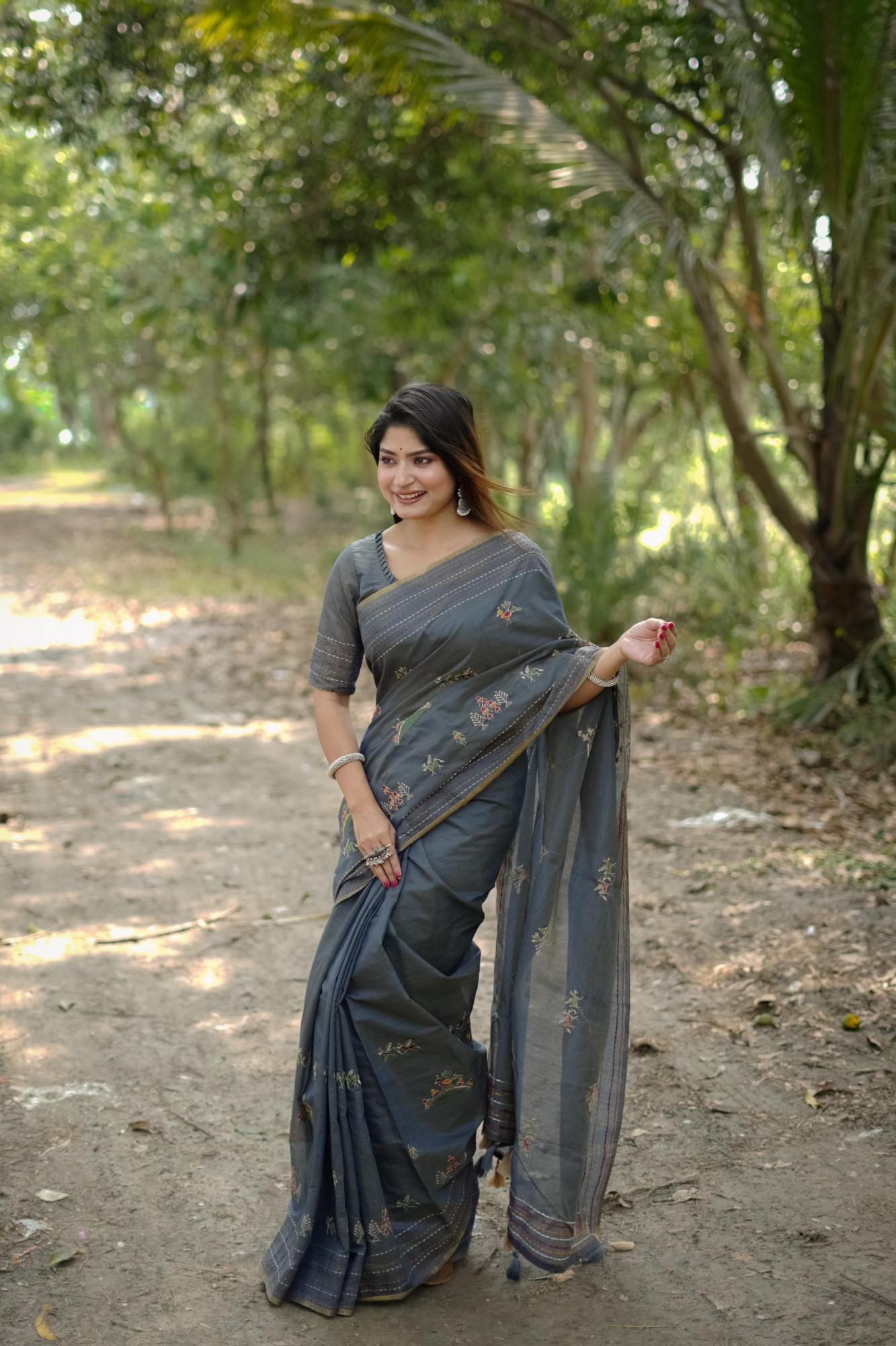 Gray Pure Khadi Tussar Silk Thread Work All Over With Kantha Stitched Border Saree