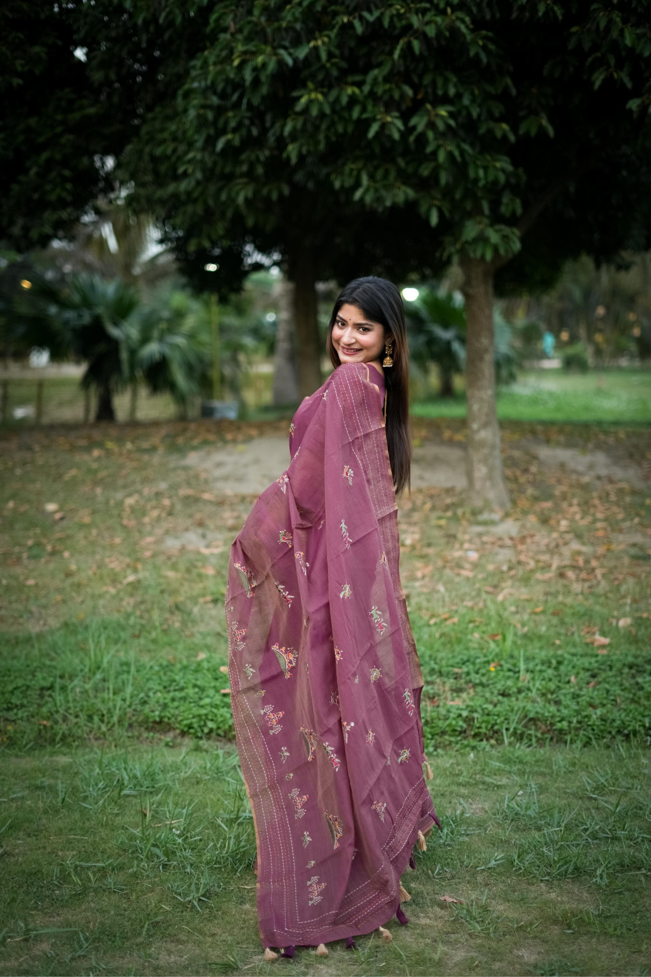 Purple Pure Khadi Tussar Silk Thread Work All Over With Kantha Stitched Border Saree