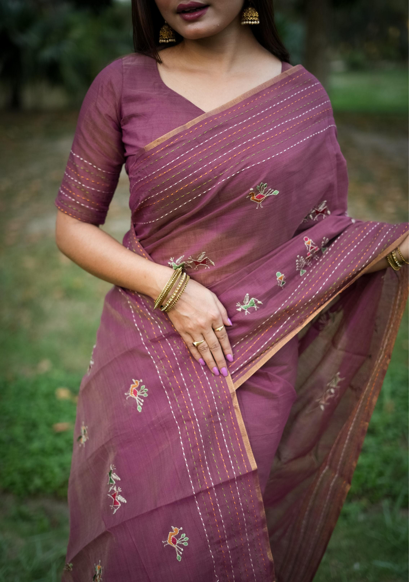 Purple Pure Khadi Tussar Silk Thread Work All Over With Kantha Stitched Border Saree
