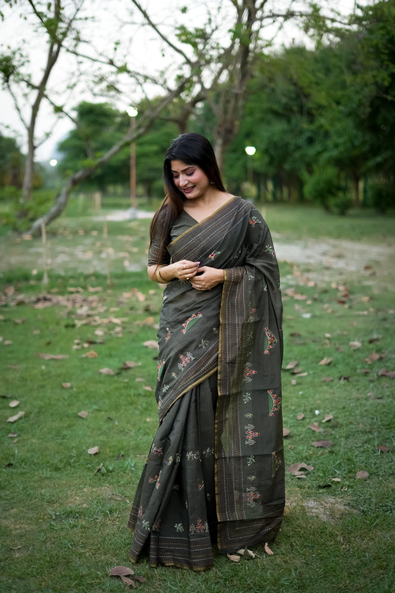 Dark Gray Pure Khadi Tussar Silk Thread Work All Over With Kantha Stitched Border Saree