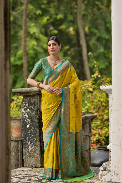 Image of Mustard Pure Banarasi Silk Zari Meena Weaved Body Contrast Pallu Border Saree