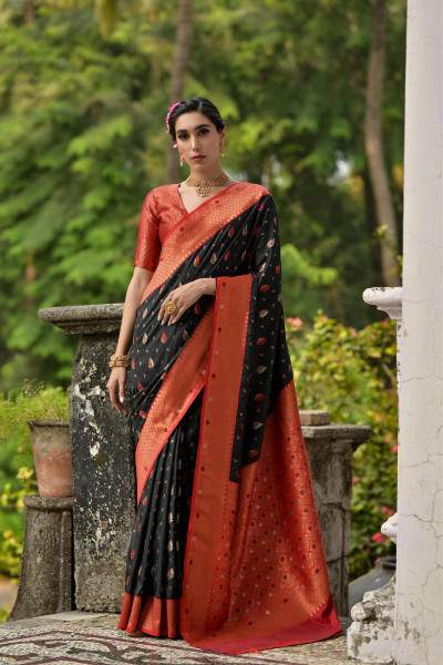Image of Black Pure Banarasi Silk Zari Meena Weaved Body Contrast Pallu Border Saree