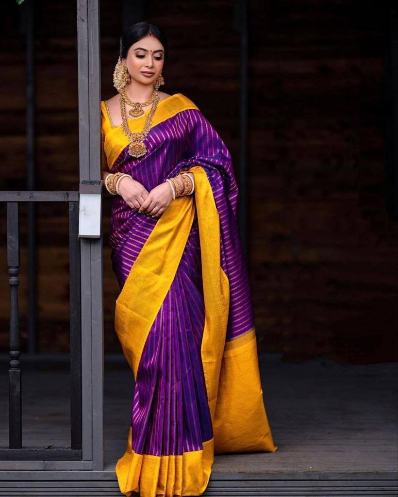 Purple Banarasi Silk Zari Stripes Body Yellow Contrast Pallu Border Saree