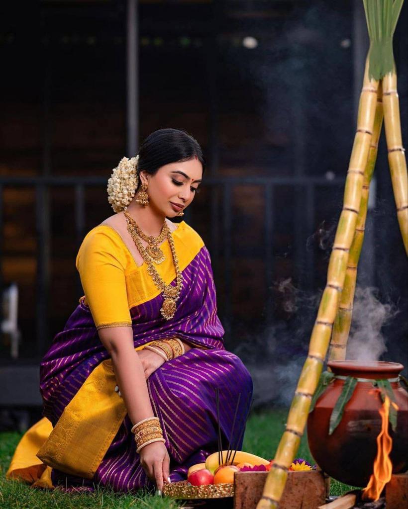 Purple Banarasi Silk Zari Stripes Body Yellow Contrast Pallu Border Saree