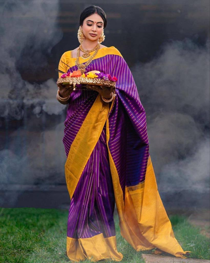Purple Banarasi Silk Zari Stripes Body Yellow Contrast Pallu Border Saree