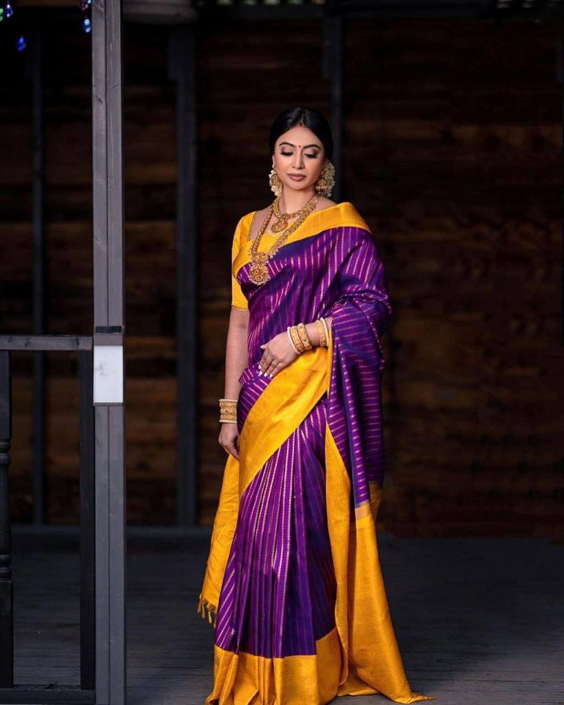 Purple Banarasi Silk Zari Stripes Body Yellow Contrast Pallu Border Saree