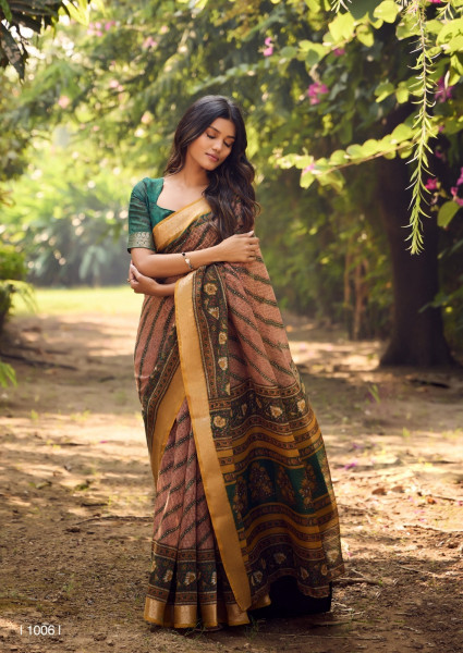 Image of Brown Pure Soft Cotton Digital Printed With Zari Weaved Border Saree