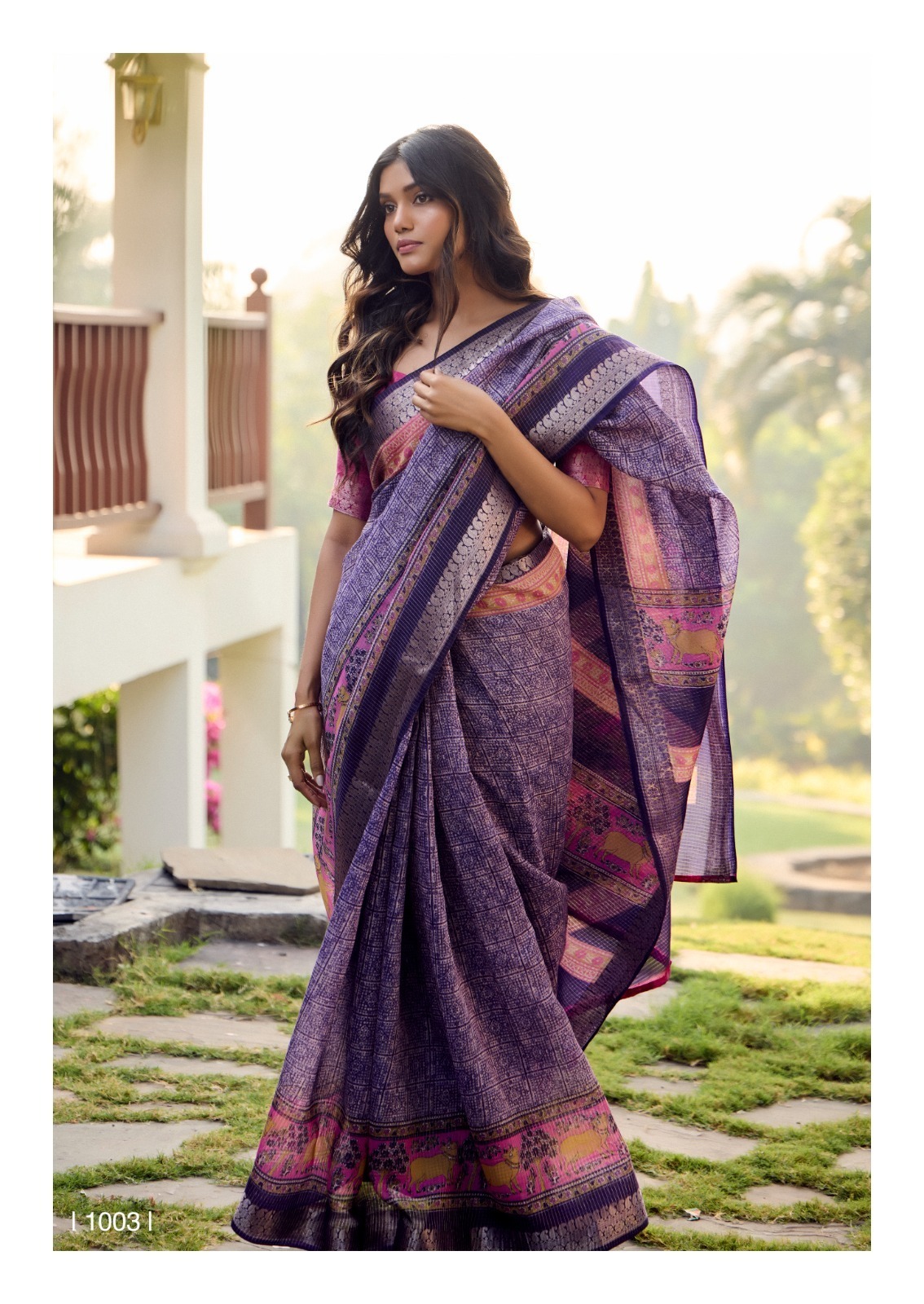 Lavender Pure Soft Cotton Digital Printed With Zari Weaved Border Saree