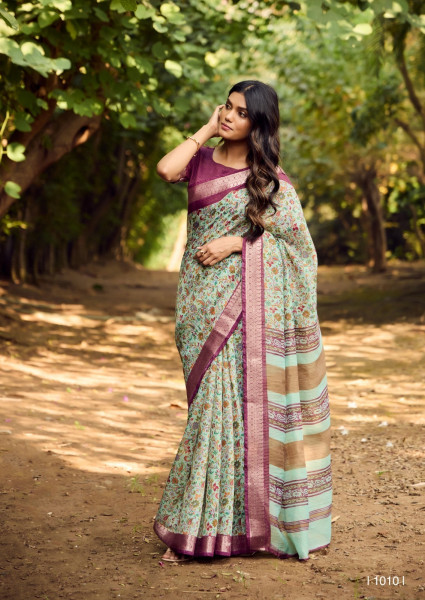 Image of Pistachio Pure Soft Cotton Digital Printed With Zari Weaved Border Saree