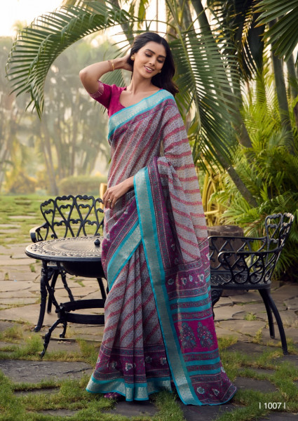 Image of Gray Pure Soft Cotton Digital Printed With Zari Weaved Border Saree