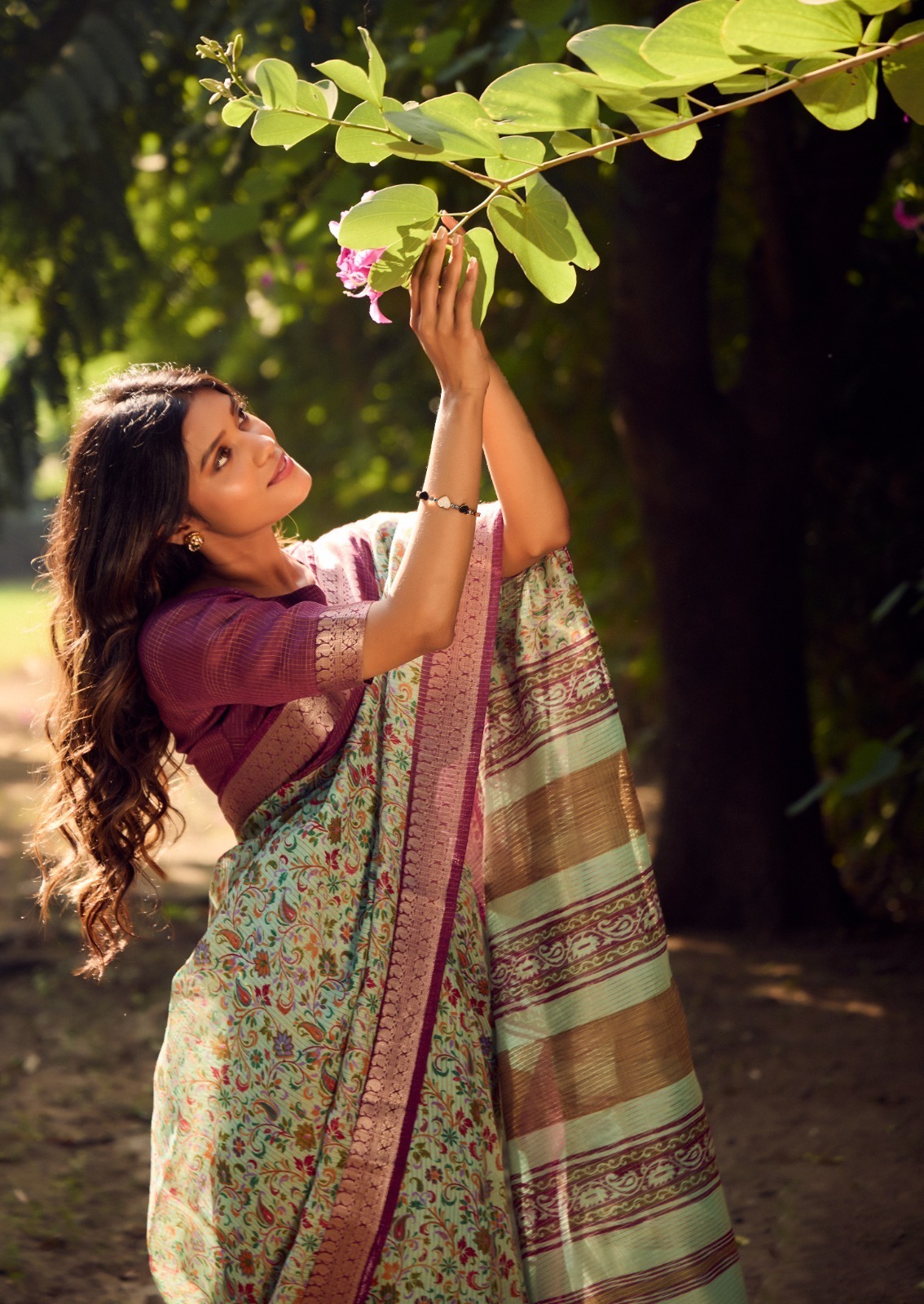 Pistachio Pure Soft Cotton Digital Printed With Zari Weaved Border Saree