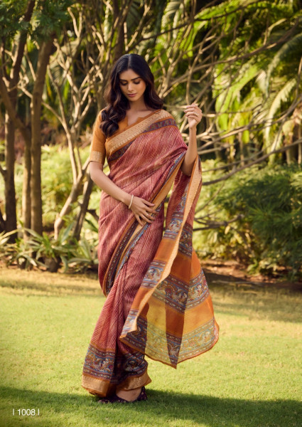 Image of Rust Pure Soft Cotton Digital Printed With Zari Weaved Border Saree